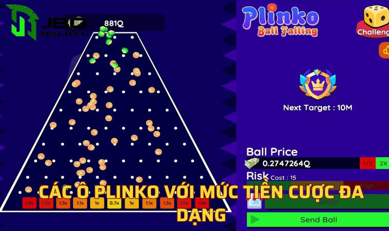Các ô Plinko với mức tiền cược đa dạng